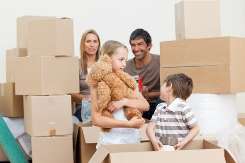 Packed boxes and furniture prepared for a Docklands flat removal